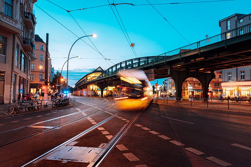 Yellow passing tram in Berlin, Germany