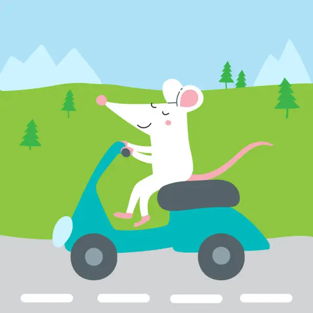 Vector illustration of Vector illustration of cute rat riding scooter traveling for summer vacation.