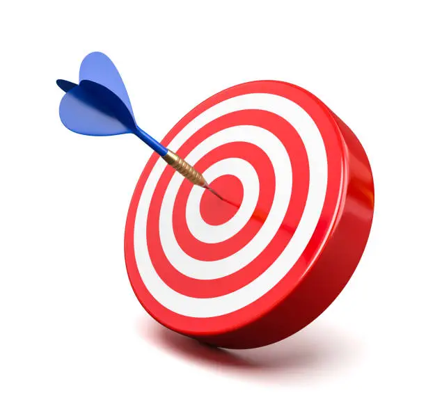 One Blue Dart Hitting a Red Target on the Center on White Background 3D Illustration