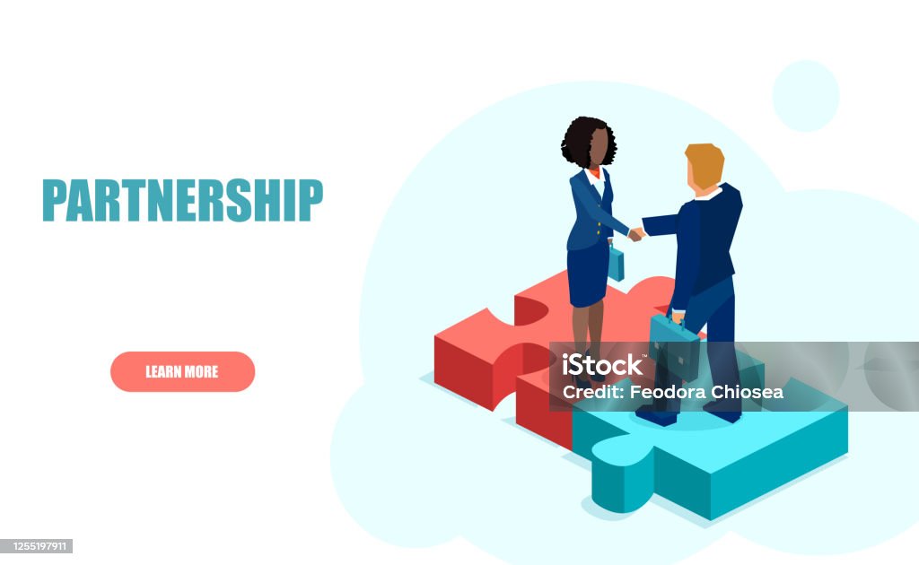 Vector of a businessman handshaking with businesswoman standing on puzzle pieces Partnership - Teamwork stock vector