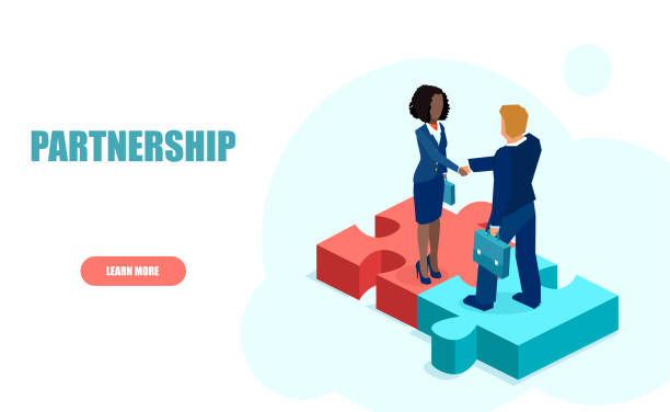 Vector of a businessman handshaking with businesswoman standing on puzzle pieces Vector of a businessman handshaking with businesswoman standing on puzzle pieces partnership stock illustrations