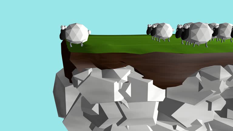 A herd of sheep approaches a cliff edge, one goes and checks and jump down, others follow.