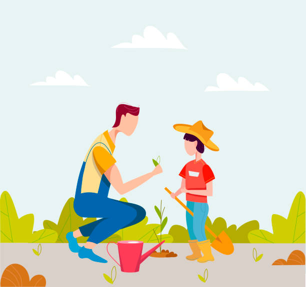 Agricultural work. Cartoon farmer characters working in field. Father and son are planting plants. Garden work Agricultural work. Cartoon farmer characters working in field. Father and son are planting plants. Garden work farmer son stock illustrations