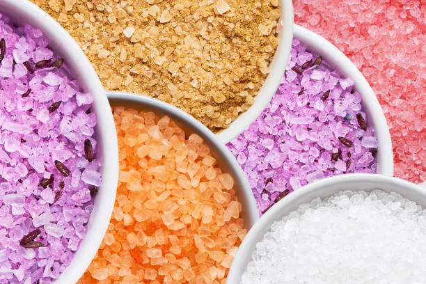 Colorful bath salt. Collage of bath salt in bowl. Top view. SPA concept. Colorful bath salt. Collage of bath salt in bowl. Top view. SPA concept. bath salt photos stock pictures, royalty-free photos & images