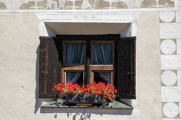 ventana vieja con flores rojas de petunia - valle de engadin suiza - engadine rustic window frame window sill fotografías e imágenes de stock