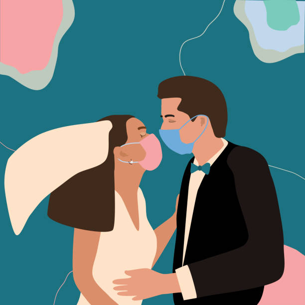 ilustraciones, imágenes clip art, dibujos animados e iconos de stock de cuarentena de coronavirus de cuarentena. hombre y mujer enamorados, cásate. pareja besándose con máscaras faciales - men groom wedding red