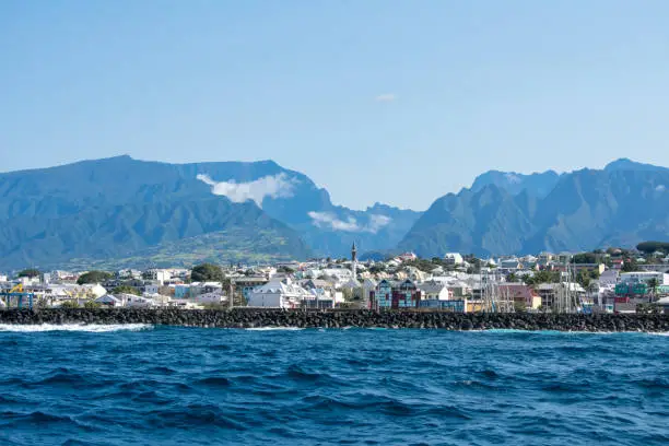 Closeup of ocean view of St. Pierre, Réunion island with the "Entre-Deux" at the center of the picture.