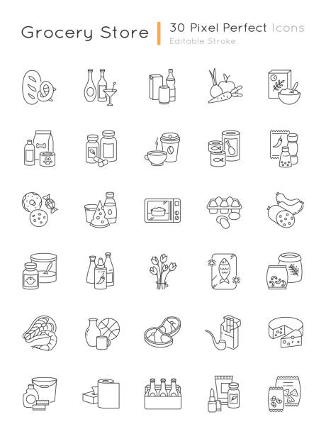 ilustraciones, imágenes clip art, dibujos animados e iconos de stock de categoría de comestibles píxel iconos lineales perfectos establecidos - red meat