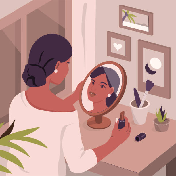 make up Beauty Woman at Dressing Table Looking at Mirror and doing Make Up. Girl Applying Lipstick in front of Cosmetic Mirror. Makeup and Beauty Care Routine Concept. Flat Cartoon Vector  Illustration. woman mirror stock illustrations