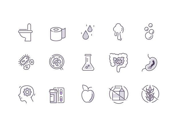 ibs icons Irritable Bowel Syndrome Symbols. Stomach, Intestine, Gluten and Lactose Free Diet and other Human Digestive System Signs. IBS Disease Medical Concept. Flat Line Vector Illustration and Icons set. irritable bowel syndrome stock illustrations