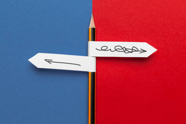 istock Pencil - direction indicator - order and chaos. Reorganization and analysis, choosing right solution to problem 1255209229