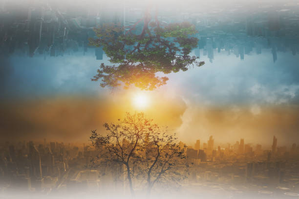 istock Concept changes in natural environment and climate of the world and global warming, trees that grow and are dry abstract upside down cityscape with sky background,and variable weather conditions 1255209439