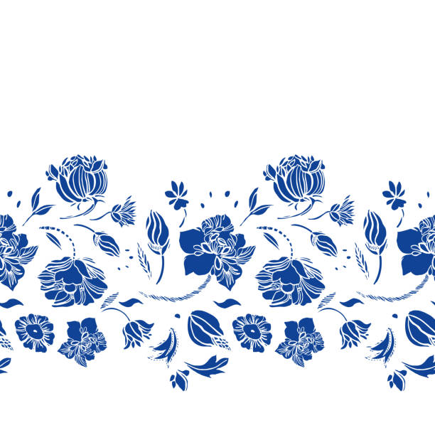 Delft blue royal hand drawn elegant floral border. Vector delft blue royal hand drawn elegant floral seamless border with cut out blue florals on white background. Nature background. Surface pattern design. dutch baroque architecture stock illustrations