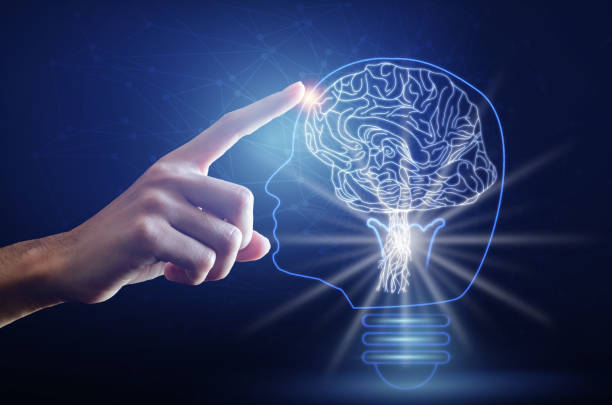 istock Light bulb with brain, finger of person touching on head brain and point connecting network on blue background. Creative The brain in the light bulb, The concept of the business idea. 1255210593