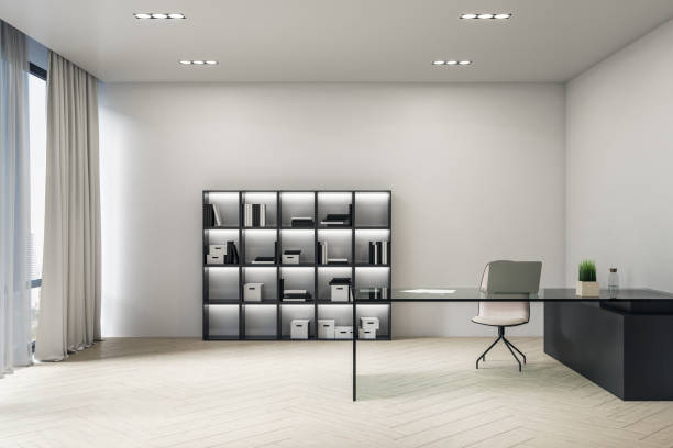 istock Cozy manager workplace interior with laptop 1255213259