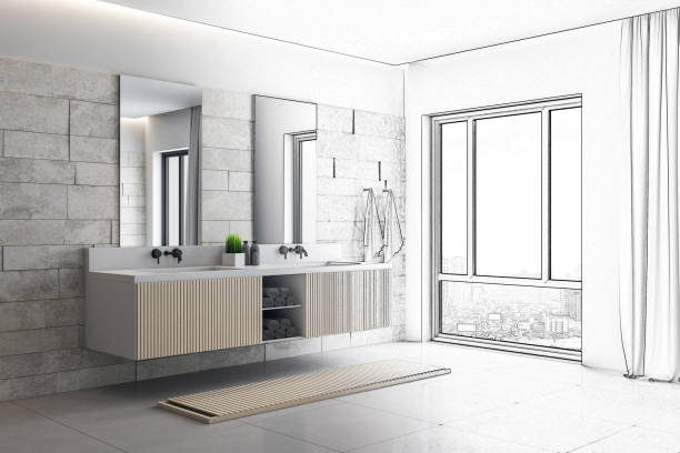 istock Drwing modern loft bathroom interior with mirror and comfortable bathtub. 1255213497