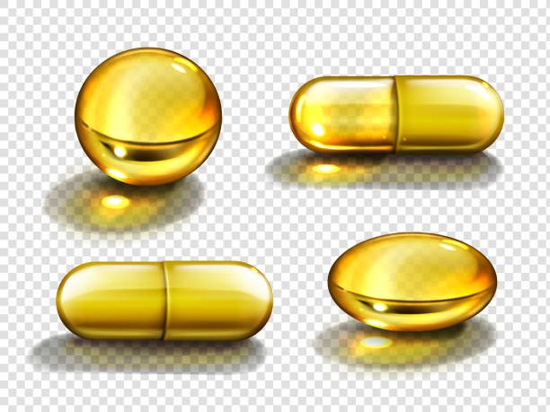 ilustrações de stock, clip art, desenhos animados e ícones de gold oil capsules, vitamin round and oval pills - vitamin pill vitamin e isolated text