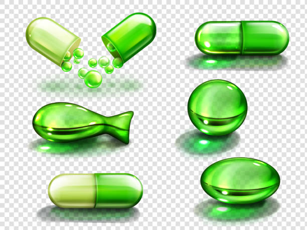 ilustraciones, imágenes clip art, dibujos animados e iconos de stock de cápsula verde con vitaminas, colágeno o medicina - gel pill