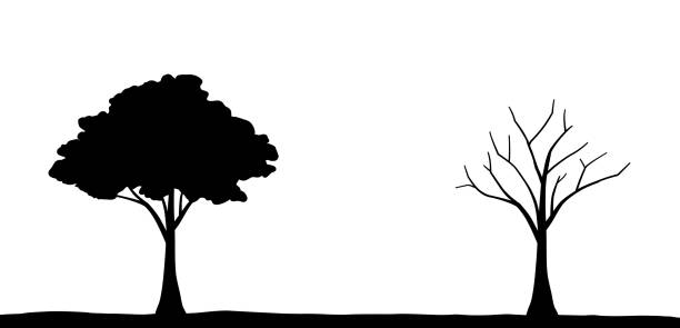 緑の葉の木と倒れた木のシルエットセット - 地平線のイラスト点のイラスト素材／クリップアート素材／マンガ素材／アイコン素材