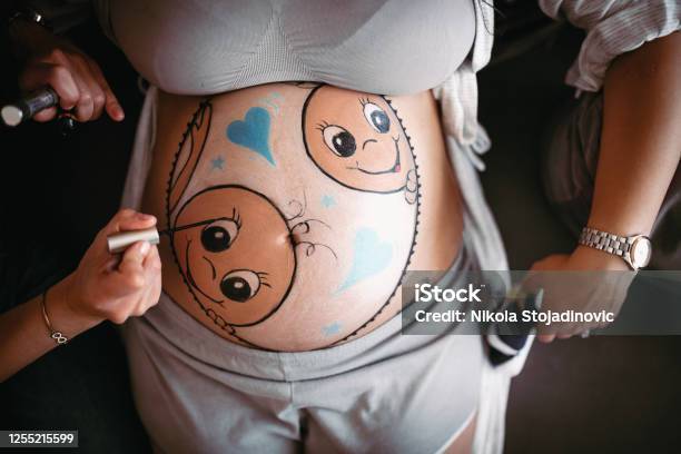 Pregnant Woman Belly Close Up Stock Photo - Download Image Now - Human Abdomen, Pregnant, Painting - Art Product