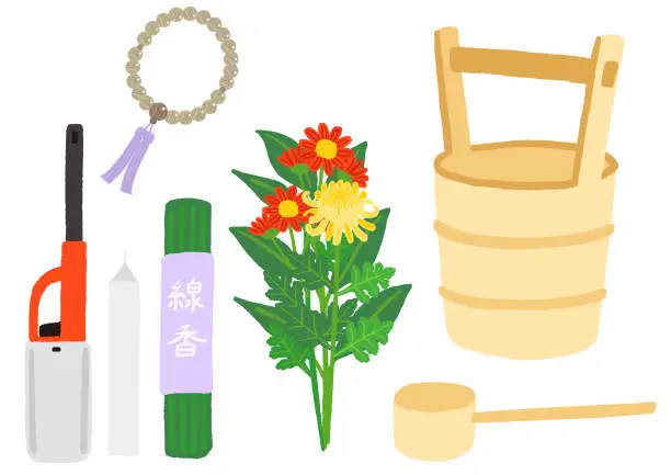 Vector illustration of Japanese Grave Visit Tool Set