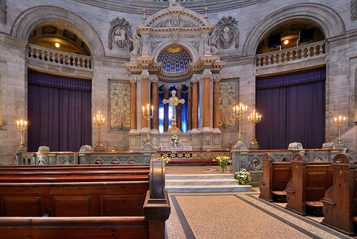 Nice, France - May 29, 2023: Altar and presbytery of Eglise Saint Francois de Paule church of Francis of Paola in historic Vieille Ville Old Town