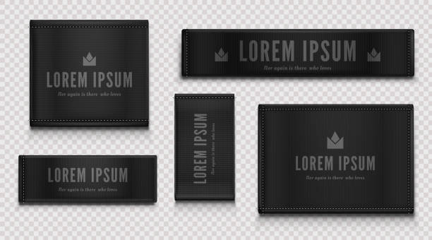 Black cloth labels for premium apparel, brand tags Black cloth labels for premium apparel, brand tags with crown symbol, textile badges with seams and fabric texture. Fashion clothing isolated on transparent background Realistic 3d vector illustration label stock illustrations