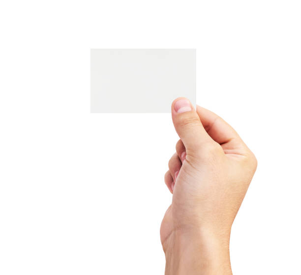istock Male hand holding virtual white business card 1255219237