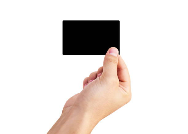 istock Male hand holding virtual white business card 1255219246