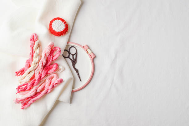istock Embroidery set. Linen fabric, embroidery patterns, embroidery hoop, colorful threads and needls. 1255220235