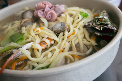 Korean food. Seafood Kalguksu Noodle Soup