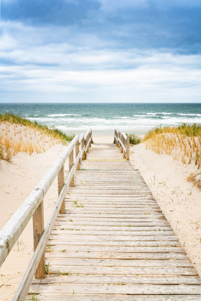 Wooden footpath on dune on Sylt. Entrance for the beach. North Germany. stock photo