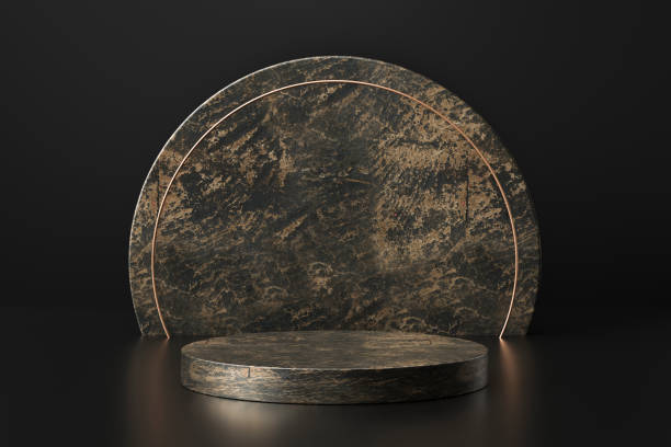 istock Black marble product display on luxury background with geometric backdrops studio. Empty pedestal or podium. 3D Rendering. 1255224109