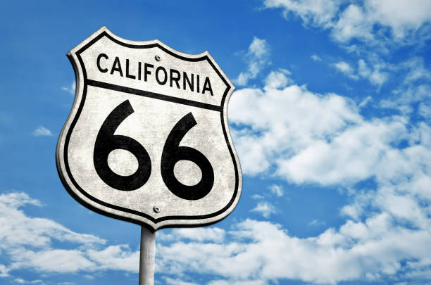 legendary california route 66 roadsign - route 66 thoroughfare sign number 66 imagens e fotografias de stock
