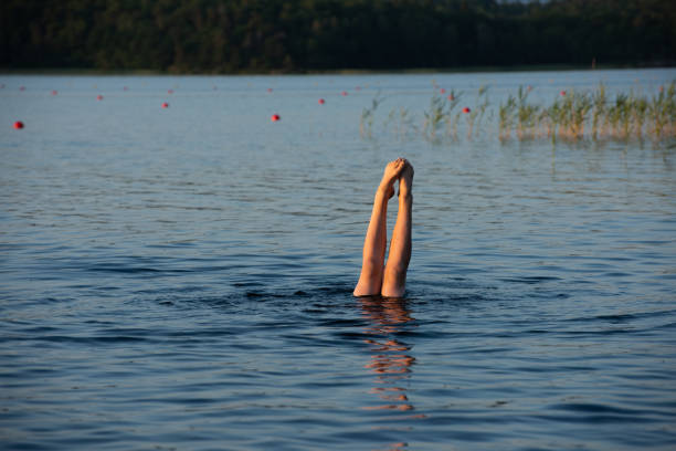 istock A person standing upside down in a lake. Legs visible over water 1255229566