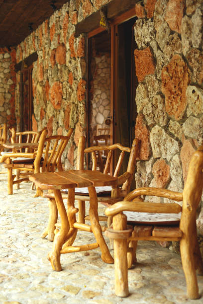 istock Handmade wooden table and chair. rest zone 1255230064