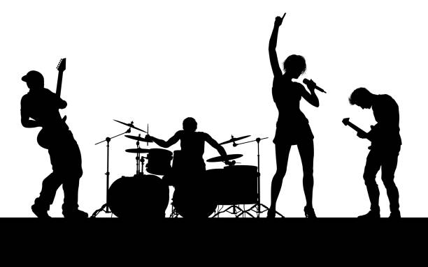 Music Band Concert Silhouettes A musical group or rock band playing a concert in silhouette drum line stock illustrations