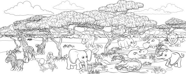 safari cartoon tier hintergrund landschaft szene - elephant water vector animals in the wild stock-grafiken, -clipart, -cartoons und -symbole