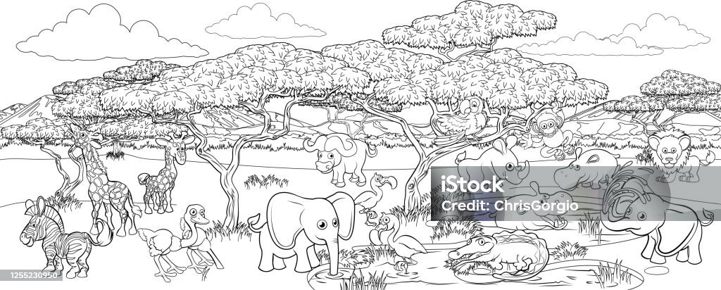 Safari Cartoon Animal Background Landscape Scene Stock Illustration -  Download Image Now - Rainforest, Coloring Book Page - Illlustration  Technique, Drawing - Art Product - iStock