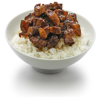 ru rou fan, taiwanese braised pork rice bowl isolated on white background