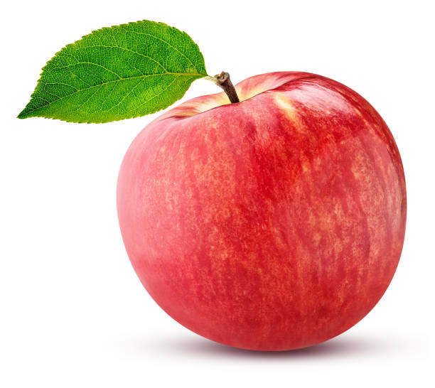 istock ripe red apple with a green leaf isolated on white 1255235952