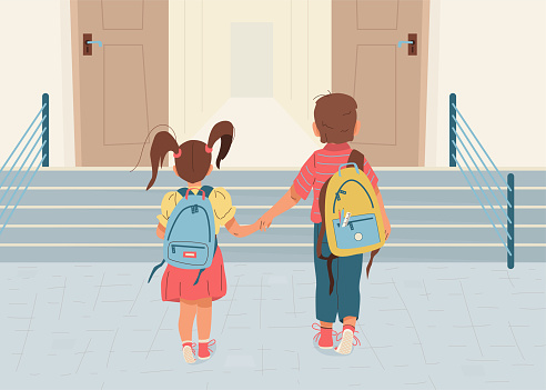 Back to school vector illustration background. Happy little boy and girl is going to school for the first time. They hold hands. Children with backpacks walk to open door through the stairs.