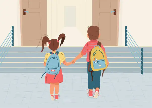 Vector illustration of Back to school vector illustration background. Happy little boy and girl is going to school for the first time. They hold hands. Children with backpacks walk to open door through the stairs