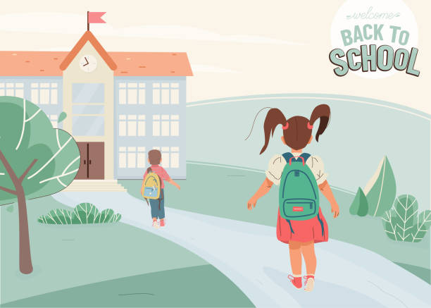 ilustrações, clipart, desenhos animados e ícones de de volta ao fundo da ilustração vetorial da escola com texto de saudação. menina, garoto vai para o prédio da escola, vista para trás. paisagem verde com construção, caminho, plantas, árvores - back school