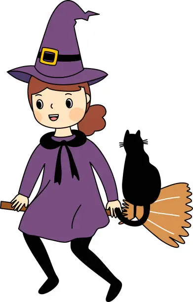 Vector illustration of Little purple witch and her black cat are riding on the broom.
