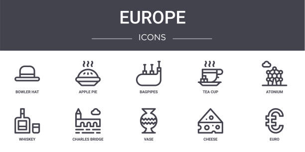 europe concept line icons set. contains icons usable for web, logo, ui/ux such as apple pie, tea cup, whiskey, vase, cheese, euro, atonium, bagpipes europe concept line icons set. contains icons usable for web, logo, ui/ux such as apple pie, tea cup, whiskey, vase, cheese, euro, atonium, bagpipes apple pie cheese stock illustrations