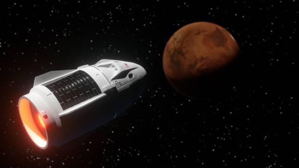 istock Spacecraft flies to the Mars planet. USA cargo spaceship launch 3d illustration 1255242521