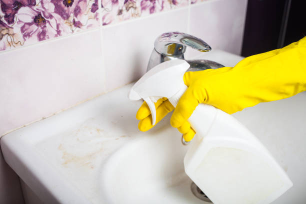 istock Maid with rubber glove cleaning tap and sink. 1255242982