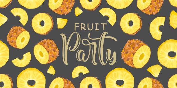 istock Banner with Fresh Pineapple, tropical leaves, flowers, slices and geometry. Hand calligraphy 