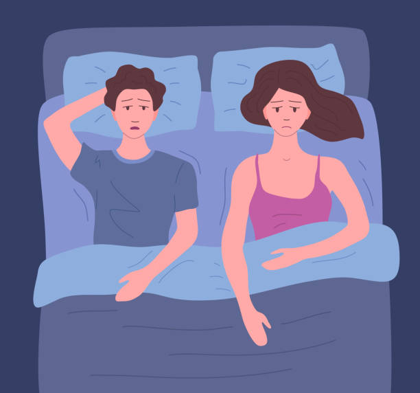 Cartoon Color Characters Sleepless Man and Woman Concept. Vector Cartoon Color Characters Sleepless Man and Woman in Bed Concept Flat Design Style. Vector illustration of Insomnia insomnia illustrations stock illustrations